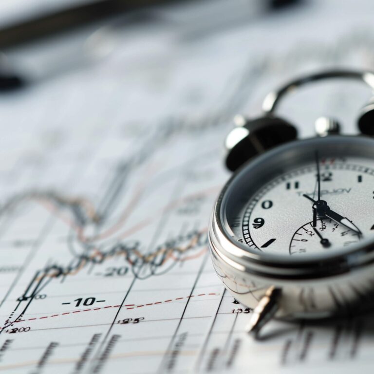 Close-up of a stopwatch on a financial graph, representing timely investment analysis in fintech